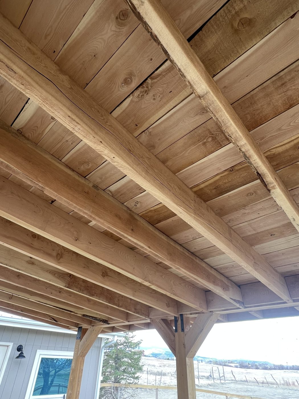 Rustic rough-cut Doug fir ceiling