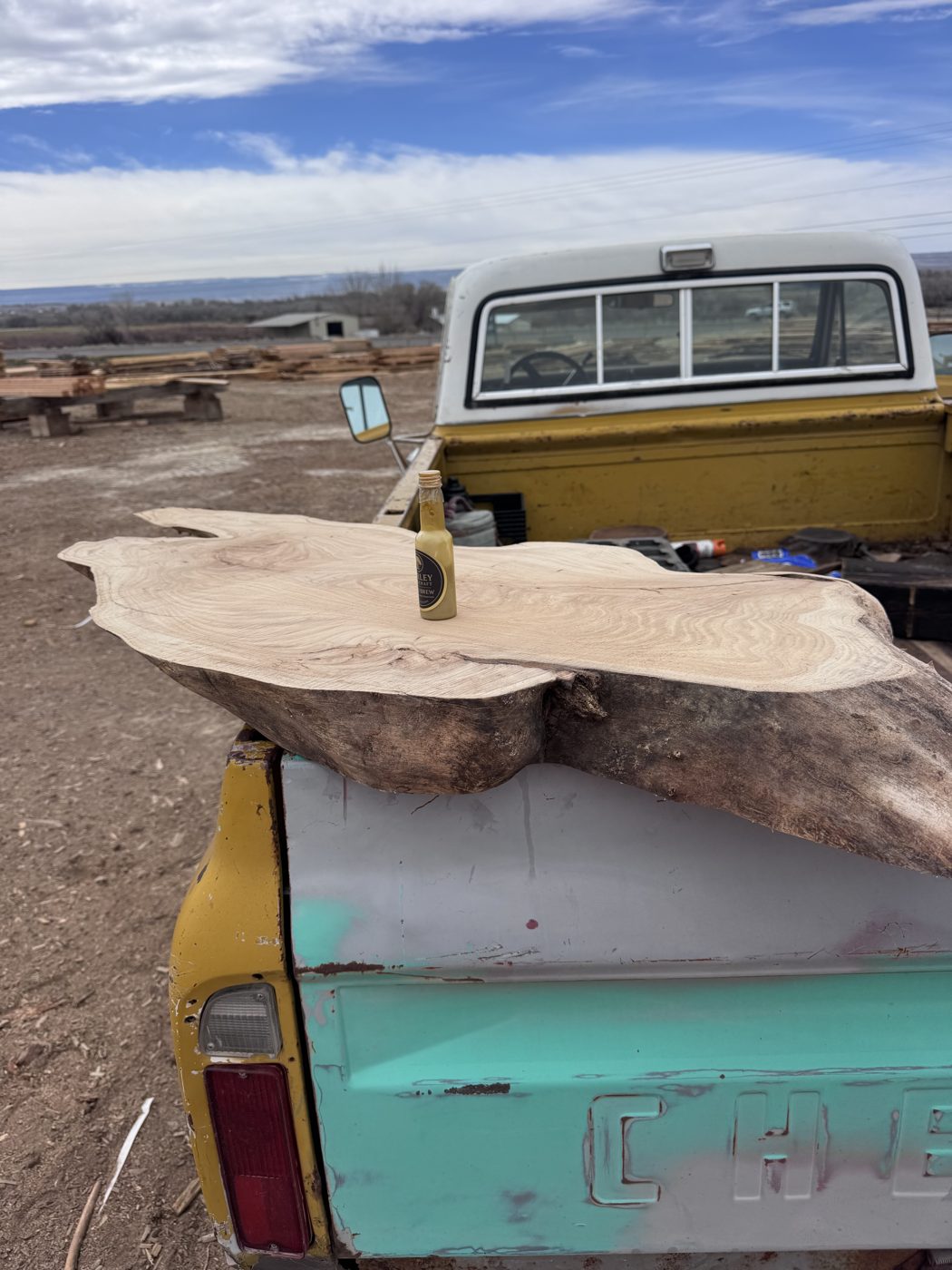 Elm slab finished with Corley Woodcraft Gold Brew hard wax oil, on an old Chevy tailgate